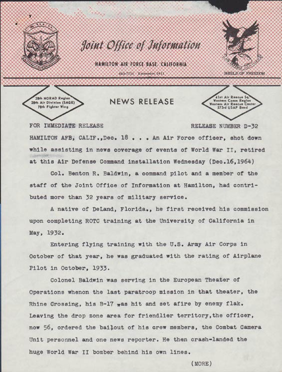 Hamilton Air Force Base Press Release, December 18, 1964, Page 1 (Source: Baldwin Family)